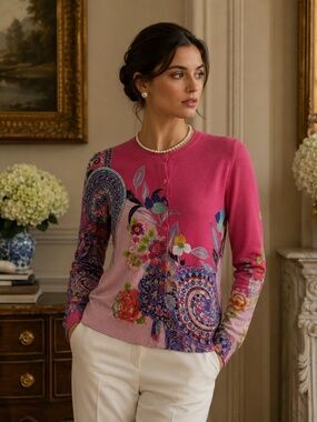 Etro Milano cardigan silk/cashmere buttons floral ribbed pink 4 luxury old money